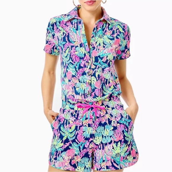 Lilly Pulitzer Pants - Lilly Pulitzer Jorgie Romper Womens Medium Pink Blue Tropical Knit Short Sleeve